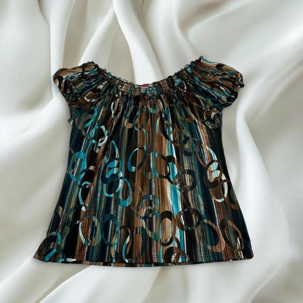 Carol Rose brown teal graphic ruffle babydoll top y2k mcbling